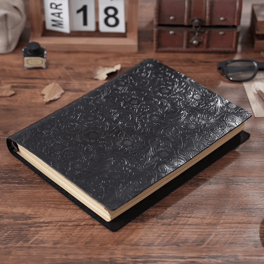 Notatnik A5 w skórzanej oprawie - wymienne wkłady - KALENDARZE - tłoczny wzór