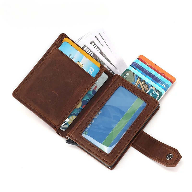Leather wallet with RFID protection - clip closure - brown