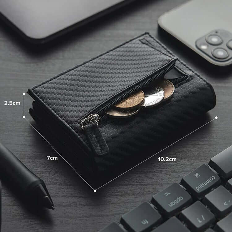 Carbon leather wallet with RFID protection - magnetic closure