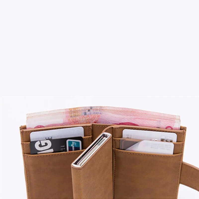 Leather wallet with RFID protection - clip closure - light brown