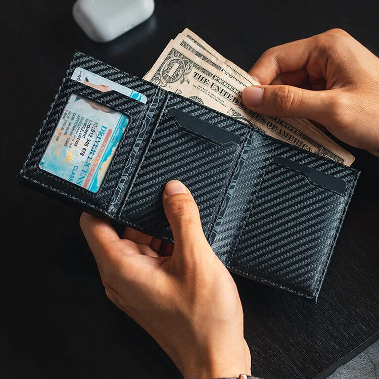 Carbon leather wallet with RFID protection - magnetic closure