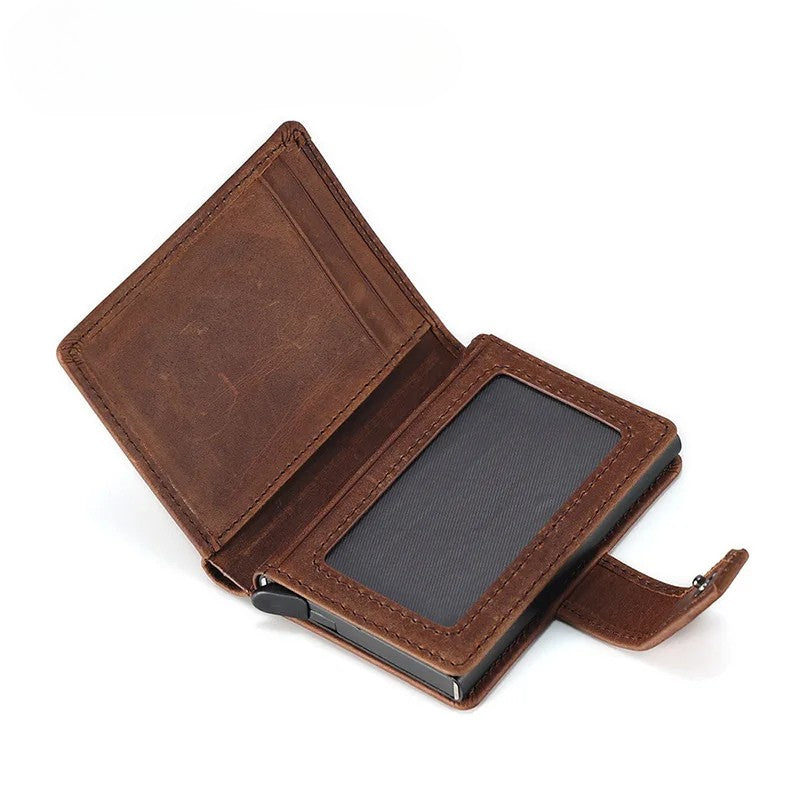 Leather wallet with RFID protection - clip closure - brown