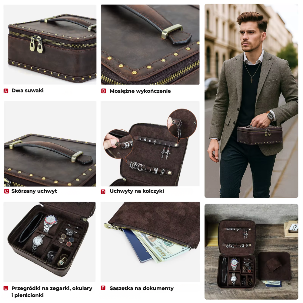 Skórzany futerał podróżny na biżuterię, zegarki i okulary – styl vintage