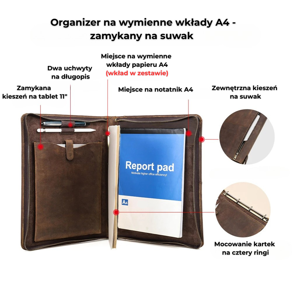 Skórzany organizer na wkłady A4, kieszeń na tablet - zamykany na suwak - skóra naturalna