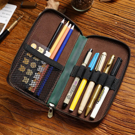 Universal pencil case - zippered - natural leather