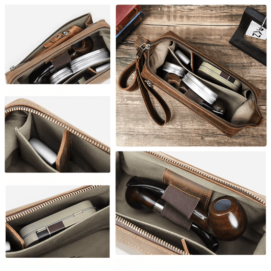 Pipe and accessories case - double medium - natural leather