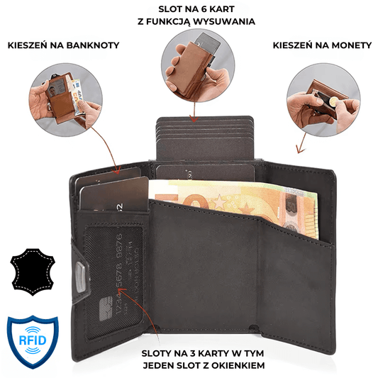 Skórzany portfel retro z ochroną RFID - zamykany na klips