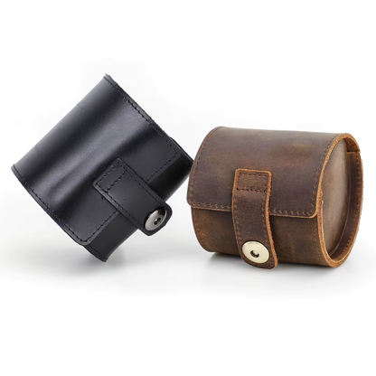 Skórzane etui na zegarek – elegancki futerał podróżny (brązowy lub czarny) w dwóch kolorach.