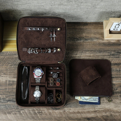 Skórzany futerał podróżny na biżuterię, zegarki i okulary – styl vintage z organizerem na zegarki i biżuterię.
