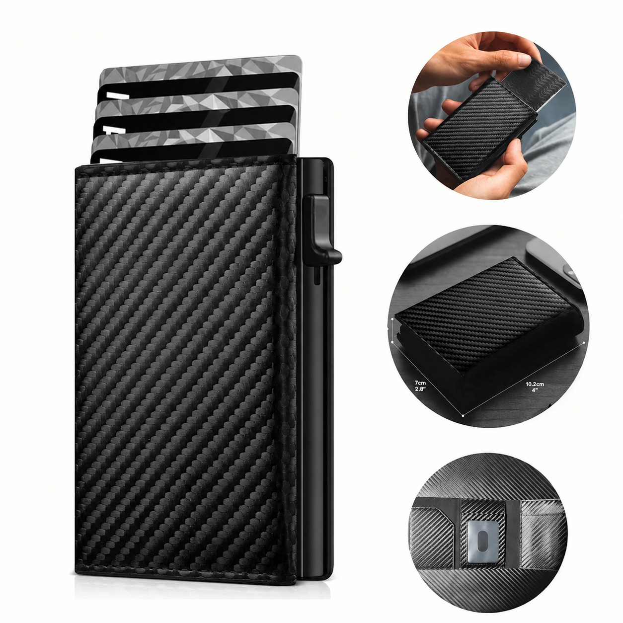 Carbon leather wallet with RFID protection - magnetic closure