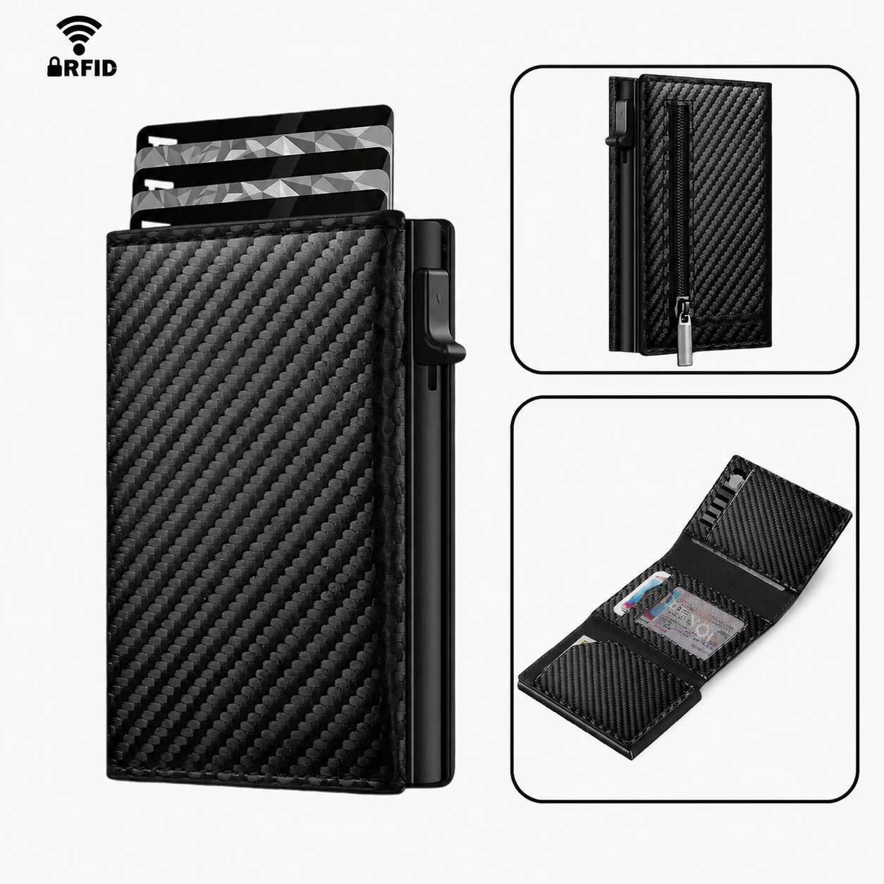 Carbon leather wallet with RFID protection - magnetic closure