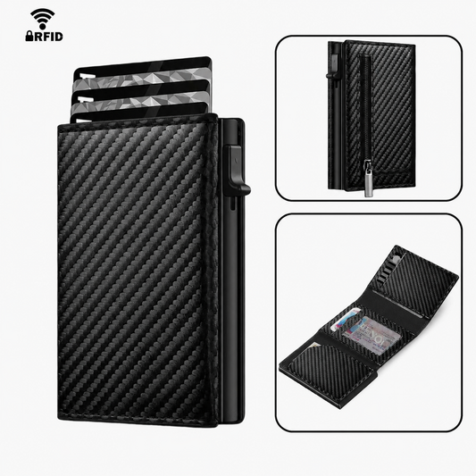 Carbon leather wallet with RFID protection - magnetic closure