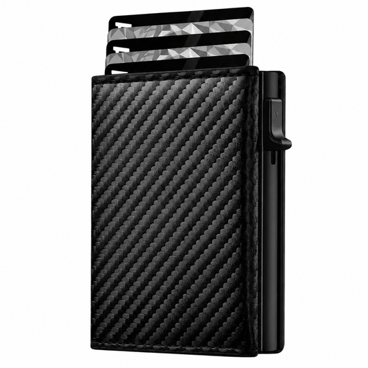 Carbon leather wallet with RFID protection - magnetic closure
