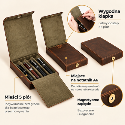 Skórzane etui na 4 pióra z klapką – vintage, zamknięcie magnetyczne