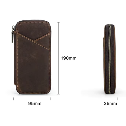 Skórzane etui na 4 pióra i akcesoria – zamykane na suwak, widok z przodu i z boku, wymiary 190mm x 95mm x 25mm.