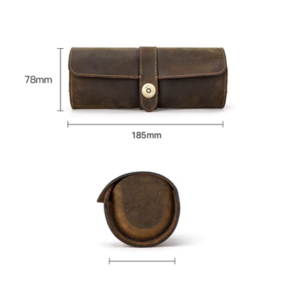 Skórzane etui na 3 zegarki – elegancki futerał podróżny w stylu roll z wymiarami 185mm x 78mm.