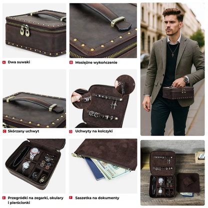 Skórzany futerał podróżny na biżuterię, zegarki i okulary – styl vintage, elegancki organizer do przechowywania.
