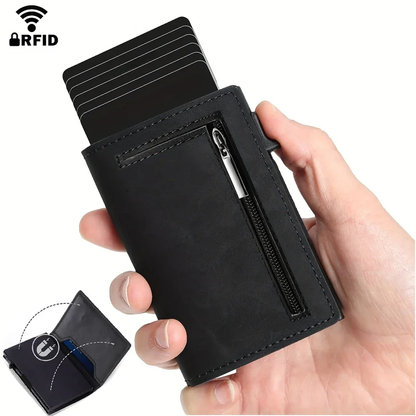 Skórzany minimalistyczny portfel slim na karty z ochroną RFID z mechanizmem wysuwania kart.