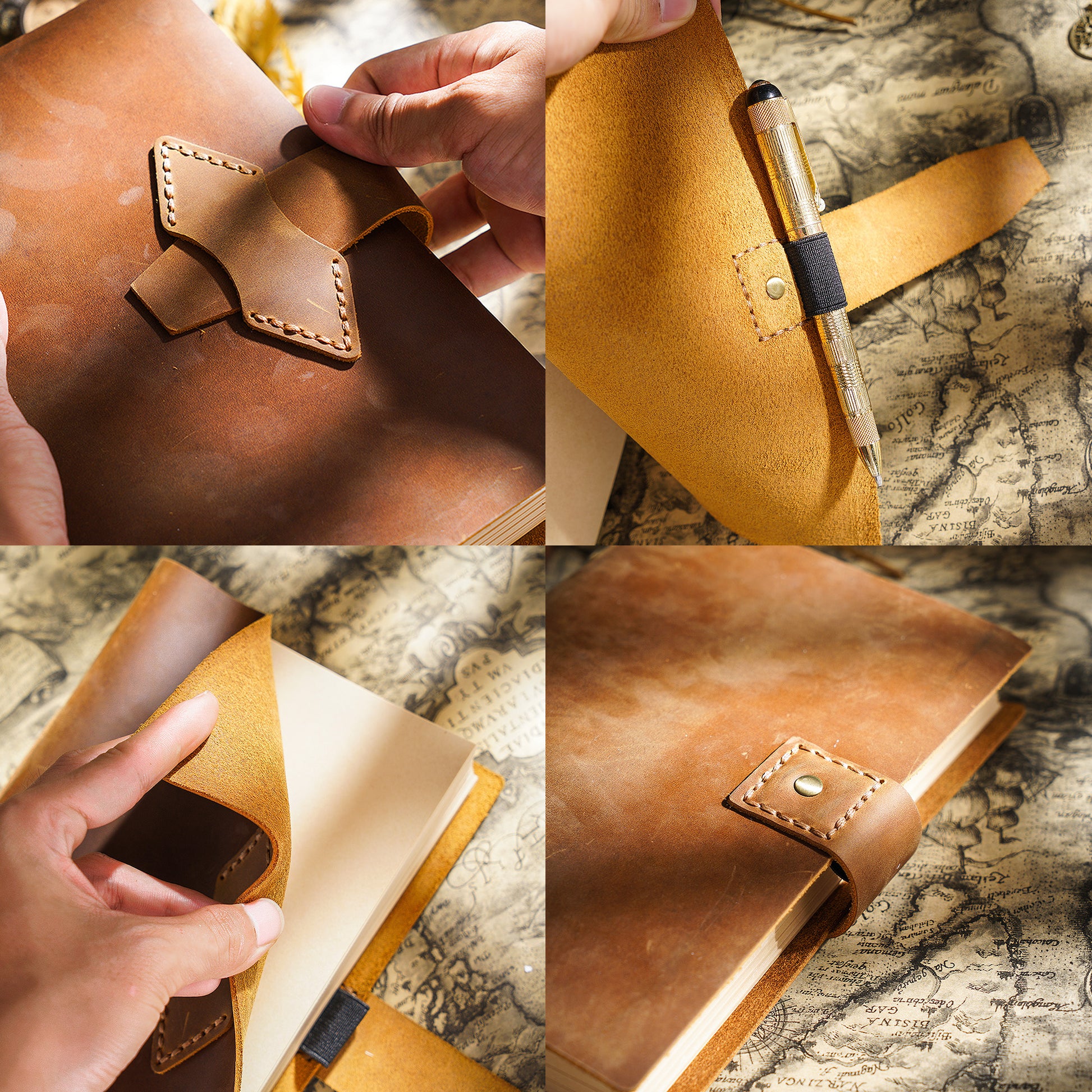 Codex Terra – skórzany notatnik A5 z papierem kraft (400 stron) z detalami oprawy i wnętrza