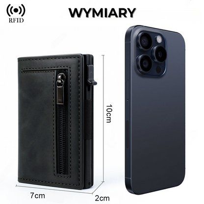 Skórzany minimalistyczny portfel slim na karty z ochroną RFID obok telefonu, z wymiarami i technologią RFID.