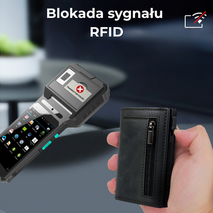 Skórzany minimalistyczny portfel slim na karty z ochroną RFID z blokadą sygnału RFID.