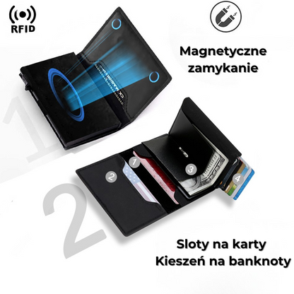 Skórzany minimalistyczny portfel slim na karty z ochroną RFID z magnetycznym zamykaniem i slotami na karty.