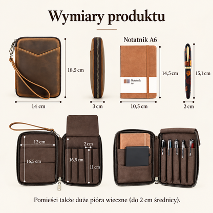 Skórzane etui na 5 piór z kieszenią na notatnik A6 i telefon – vintage