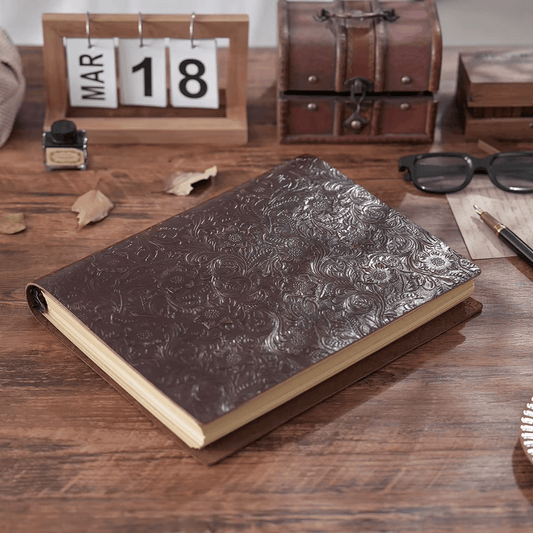 A5 or A4 leather-bound notebook - replaceable inserts - embossed pattern