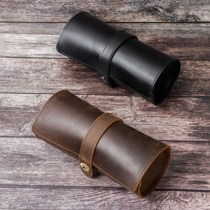 Skórzane etui na 3 zegarki – elegancki futerał podróżny w stylu roll w kolorach czarnym i brązowym.