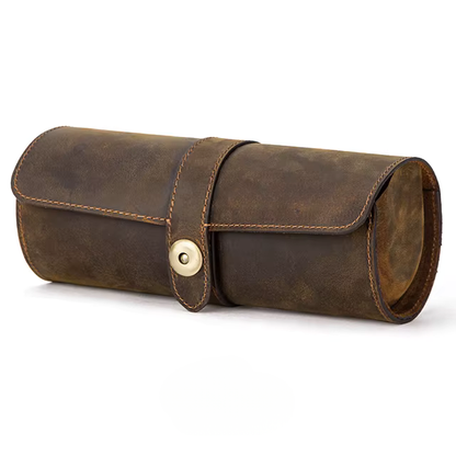 Skórzane etui na 3 zegarki – elegancki futerał podróżny w stylu roll zamknięty z zatrzaskiem.