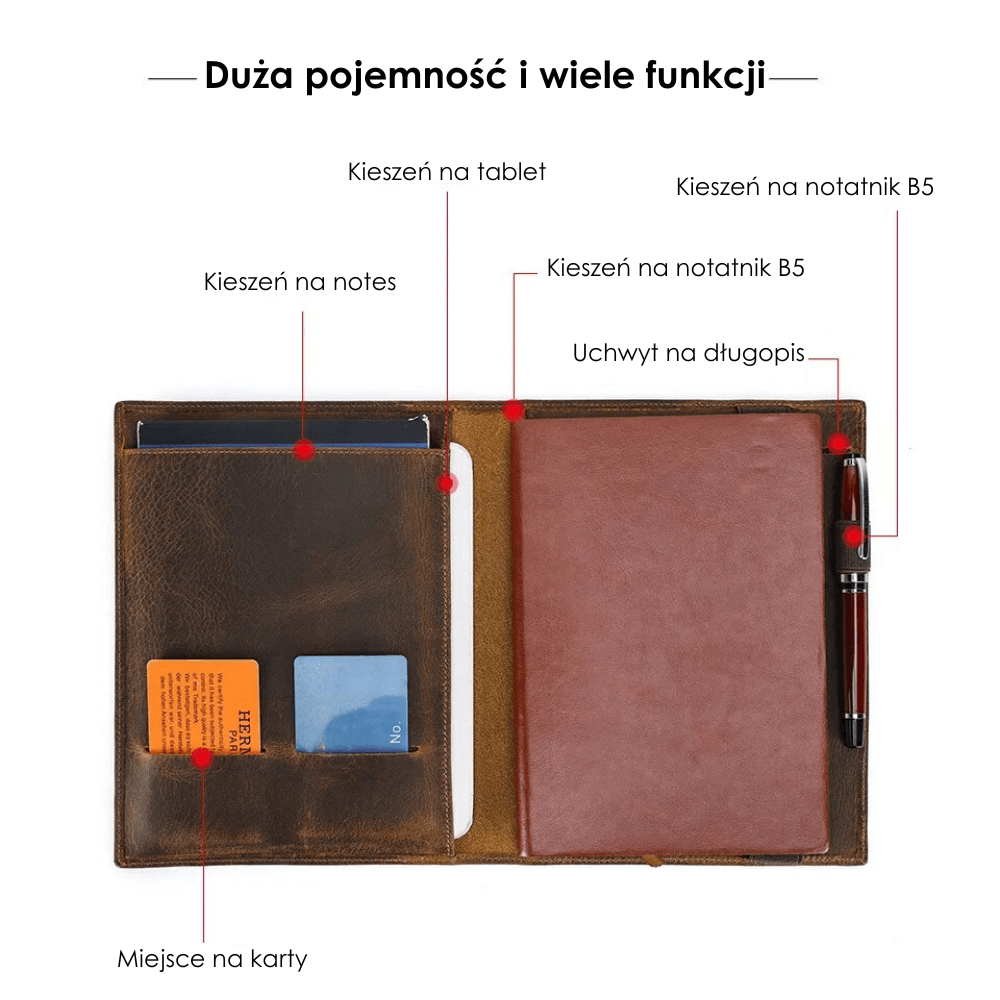 Etui skórzane na tablet z kieszeniami na notatnik B5, notes, karty i długopis, z zapięciem na gumkę.